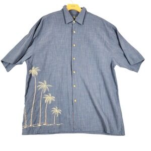 Bamboo Cay Mens XL Blue Embroidered Palm Tree Short Sleeve Button Up Shirt
